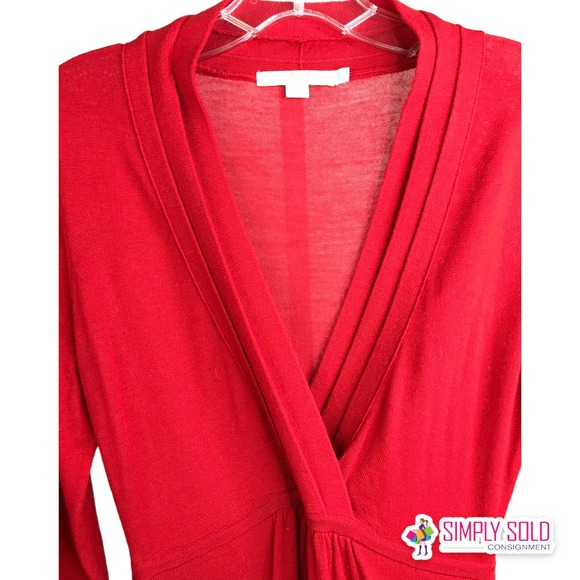 Boden Women's A-Line Midi Dress Wool Wrap Bell Sleeve Pleated V-Neck Red Sz 4R - Picture 3 of 10